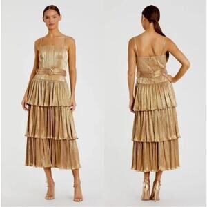 Mac Duggal Ieena 27062 Gold Tea-Length Ruffle Tiered Buckle Dress Size 6 NWT